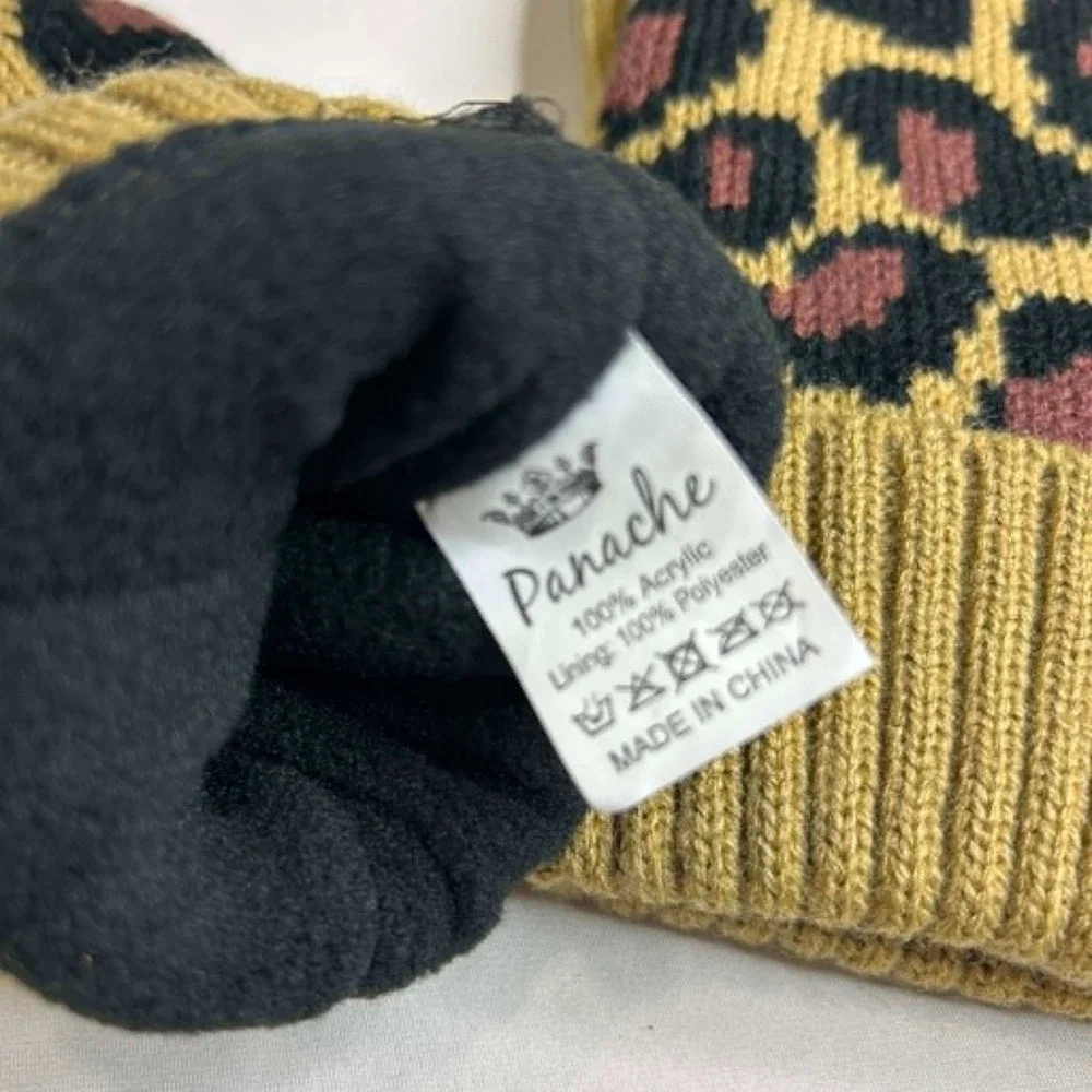 Panache Womens Leopard Print Knit Mittens Warm Lined Khaki Black and Brown